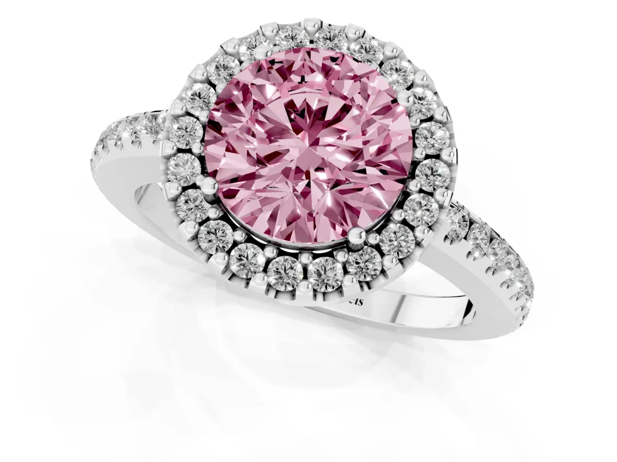 Fancy Pink Round Cut Diamond Pavé Halo Ring with Four-Prong Setting Silver