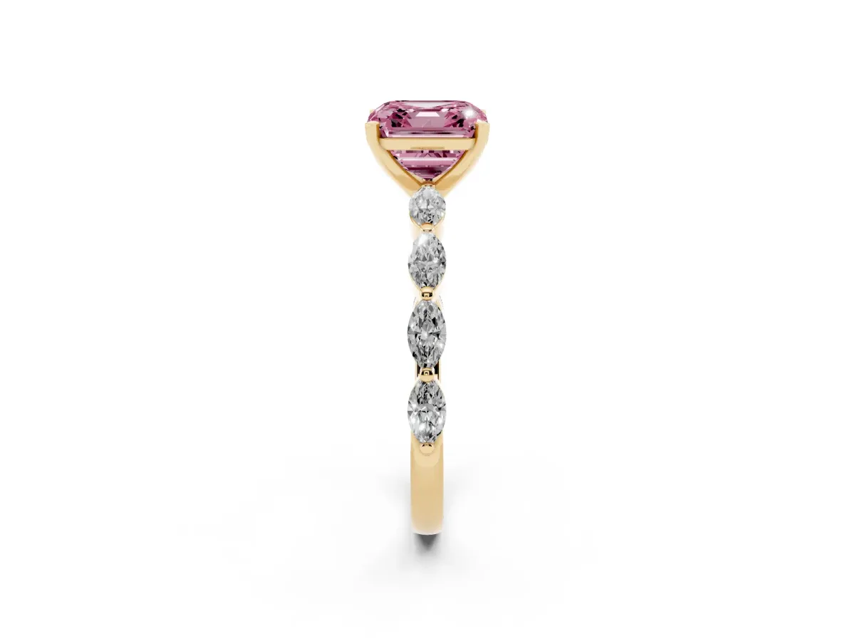 Fancy Pink Asscher Cut Diamond Ring with Marquise Side Stones and Prong Setting Yellow gold