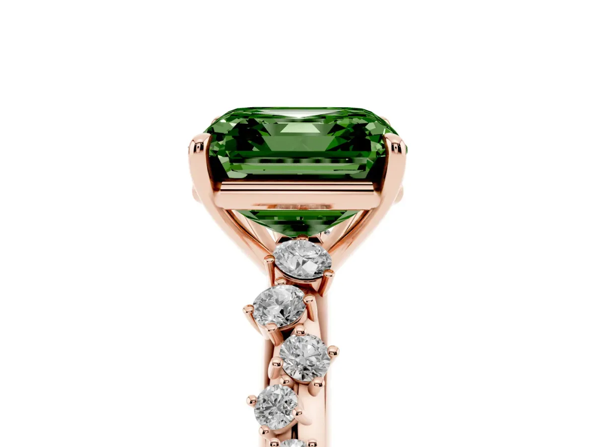 Fancy Green Asscher Cut Diamond Cluster Side Stone Solitaire Ring with Prong Setting Rose gold