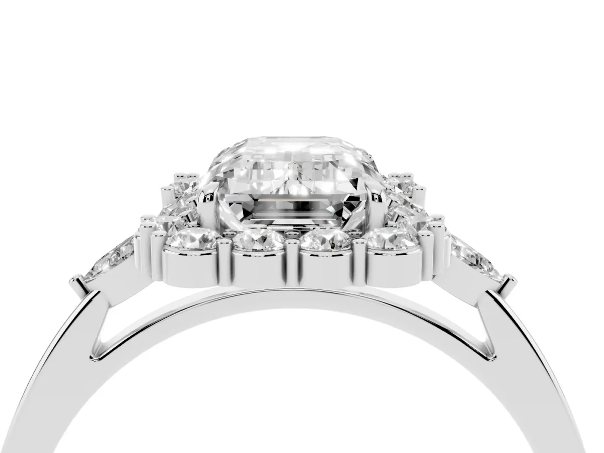Emerald Cut Diamond Halo Ring with Pear Side Stones and Prong Setting Platinum