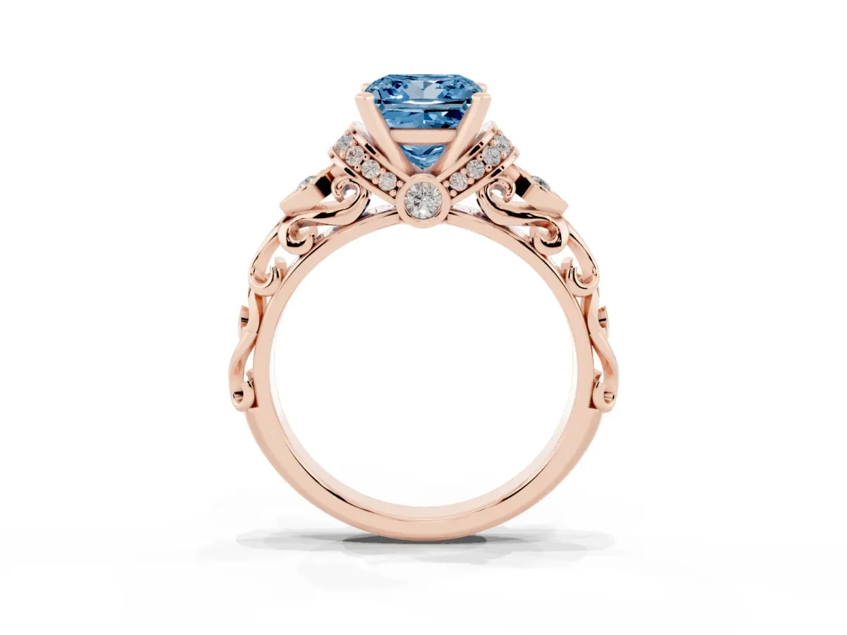Fancy Blue Princess Cut Diamond Solitaire Ring with Filigree Band and Four-Prong Setting Rose gold