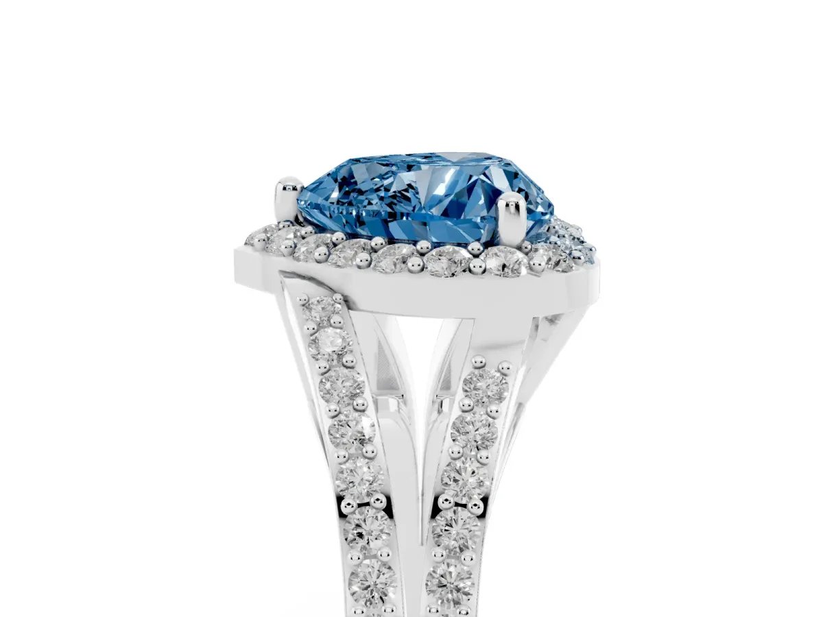 Fancy Blue Heart Cut Halo Split Shank Pave Diamond Ring with Four-Prong Setting Silver