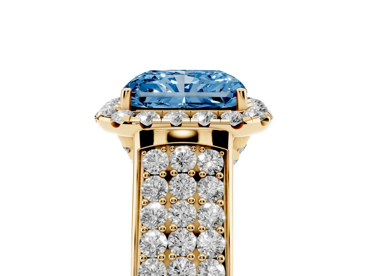 Fancy Blue Radiant Cut Halo Round Diamond Pave Band with Prong Setting Yellow gold