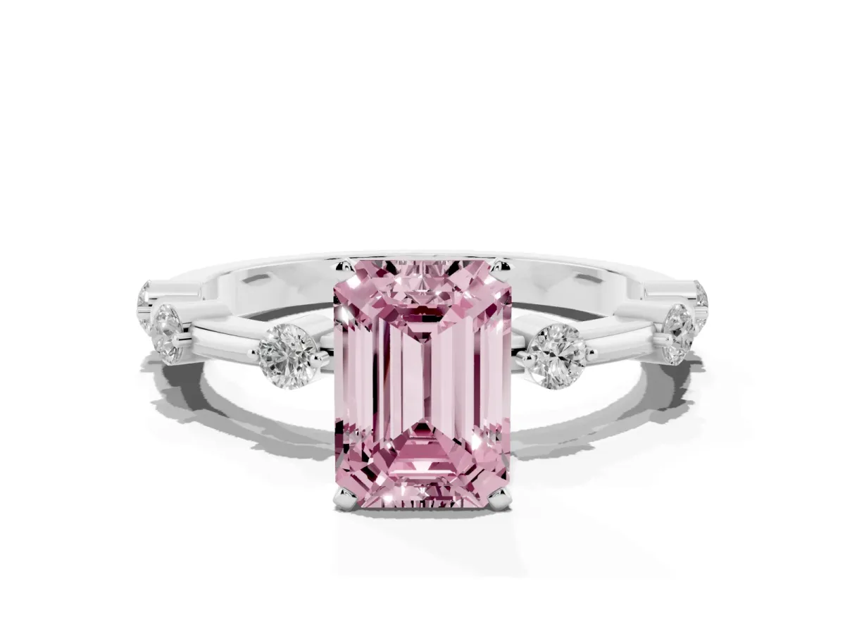 Fancy Pink Emerald Cut Solitaire Diamond Ring with Bezel Set Side Stones and Prong Setting Platinum