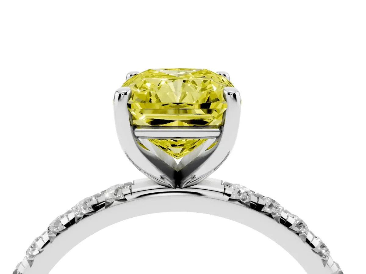 Fancy Yellow Radiant Cut Cut Diamond Solitaire Ring with Micro Pave Band and Four Prong Setting Silver