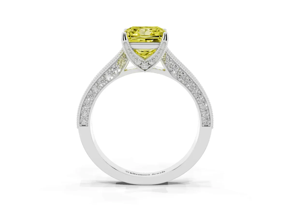 Fancy Yellow Princess Cut Cut Diamond Solitaire Ring with Milgrain Pave Band and Four Prong Setting Silver