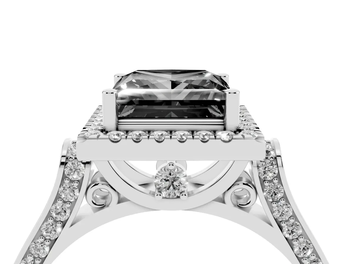 Fancy Black Princess Cut Halo Round Diamond Twist Band with Four-Prong Setting White gold