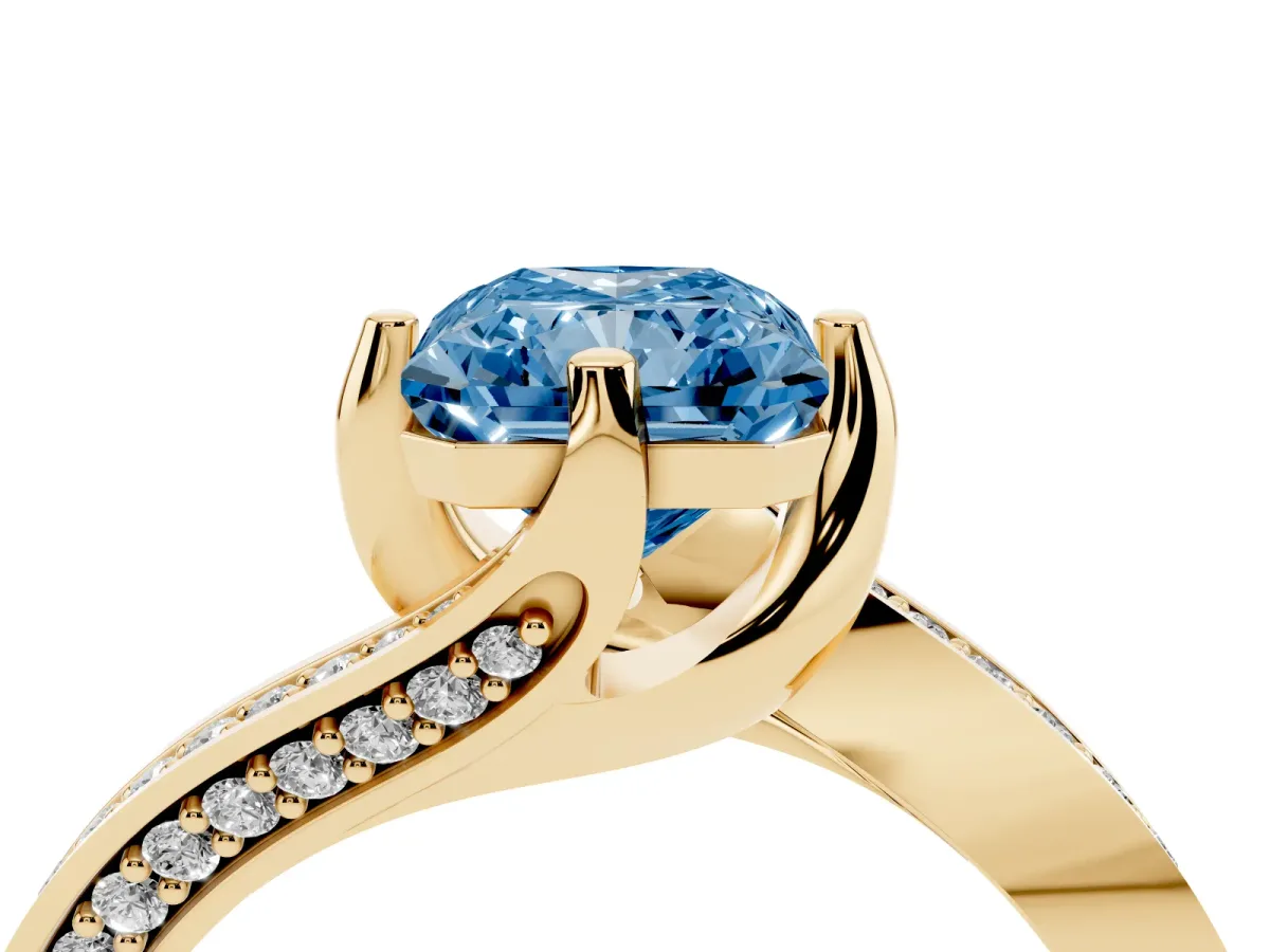 Fancy Blue Radiant Cut Solitaire Diamond Twist Band with Pavé Setting and Four-Prong Setting Yellow gold