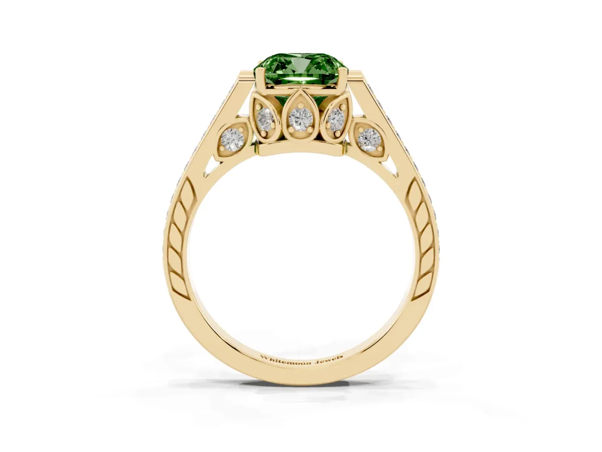 Fancy Green Cushion Cut Cut Cathedral Pave Diamond Engagement Ring with Six-Prong Setting Yellow gold