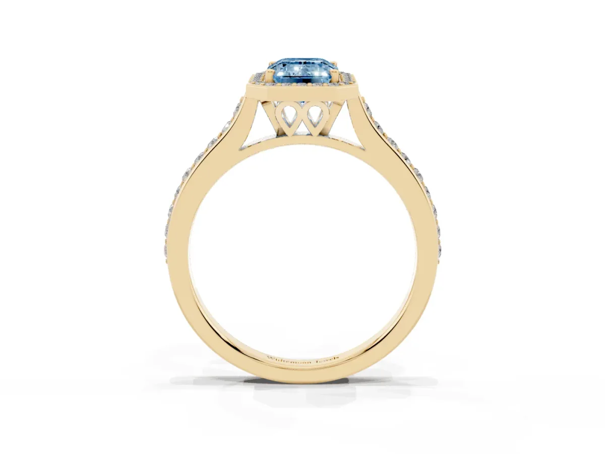 Fancy Blue Emerald Cut Diamond Halo Engagement Ring with Round Pavé Shoulders and Prong Setting Yellow gold