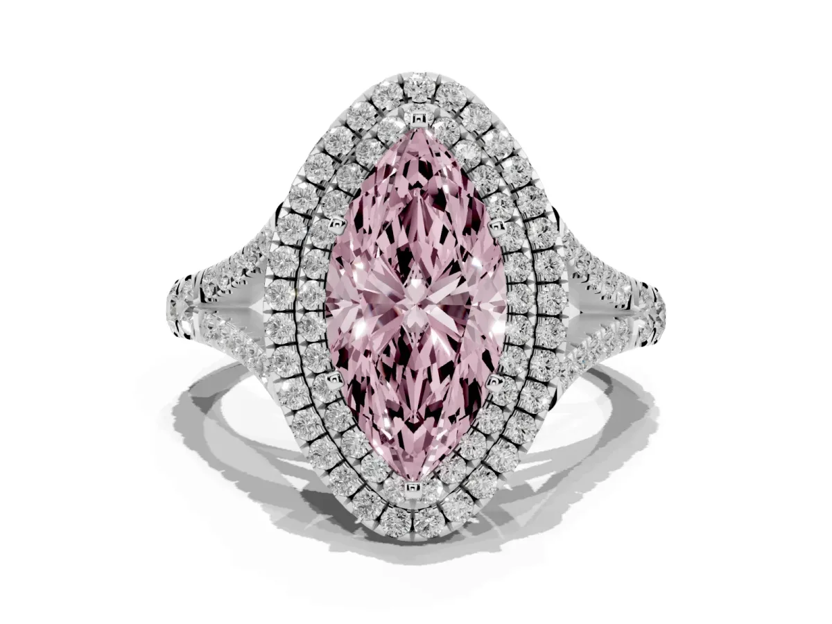 Fancy Pink Marquise Cut Diamond Pavé Split Shank Double Halo Engagement Ring Silver