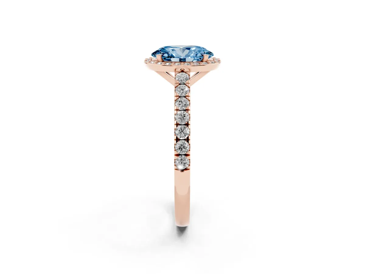 Fancy Blue Oval Cut Cut Halo Diamond Engagement Ring with Pave Band and Four-Prong Setting Rose gold