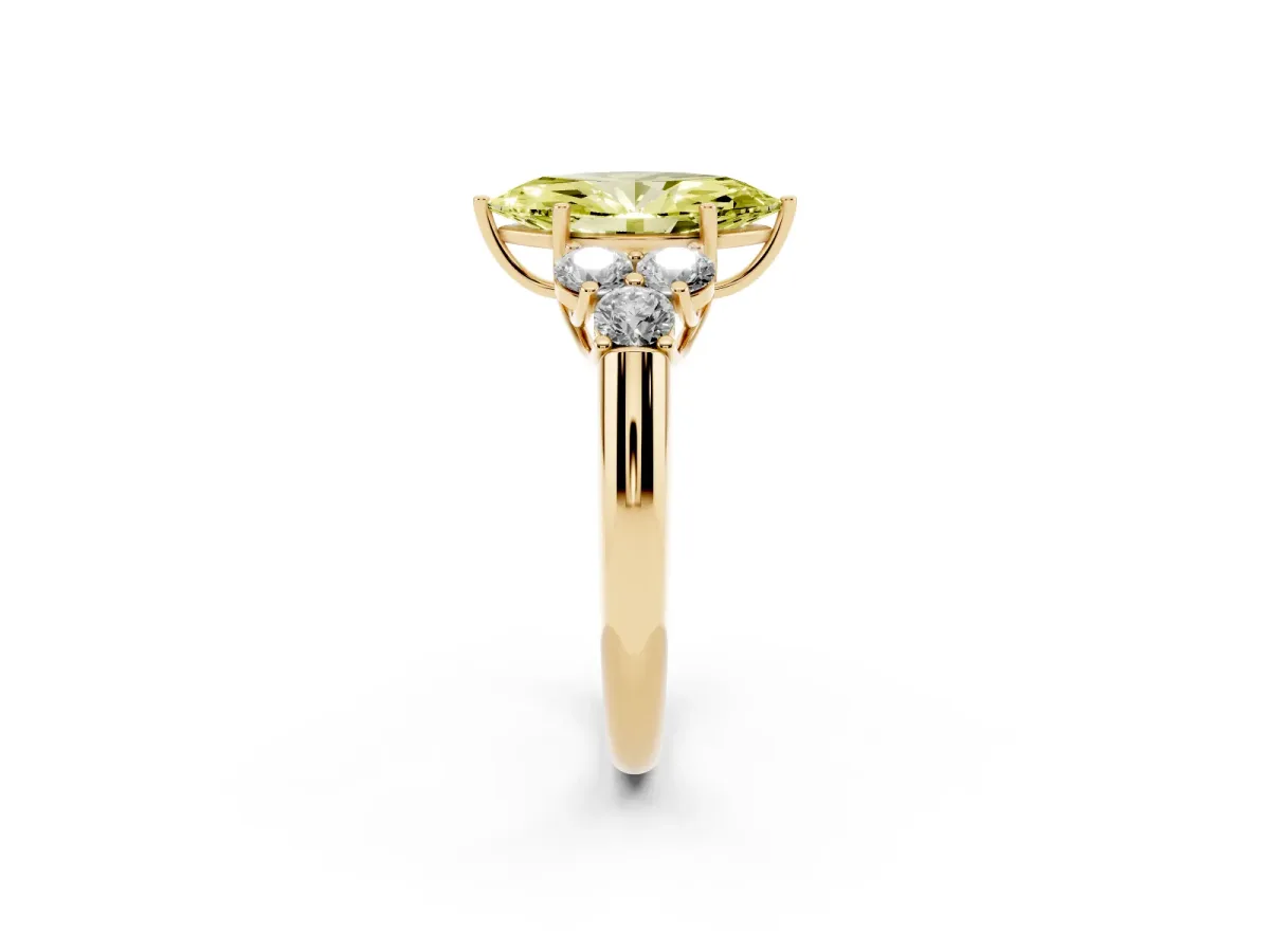 Fancy Yellow Marquise Cut Cut Diamond Cluster Ring with Round Accent Stones and Prong Setting on a Classic Band Yellow gold