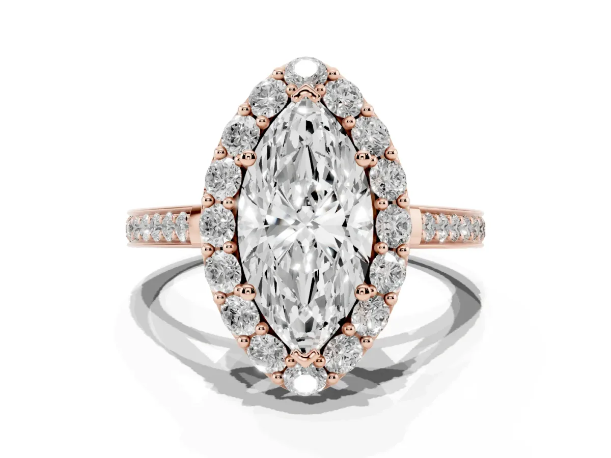 Marquise Cut Diamond Floral Halo Ring with Pavé Band and Prong Setting Rose gold
