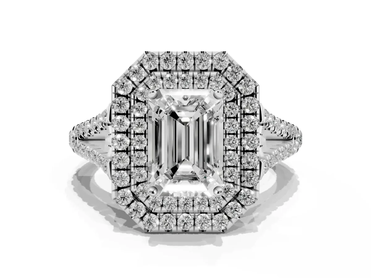 Emerald Cut Diamond Double Halo Ring with Pavé Band and Prong Setting Silver