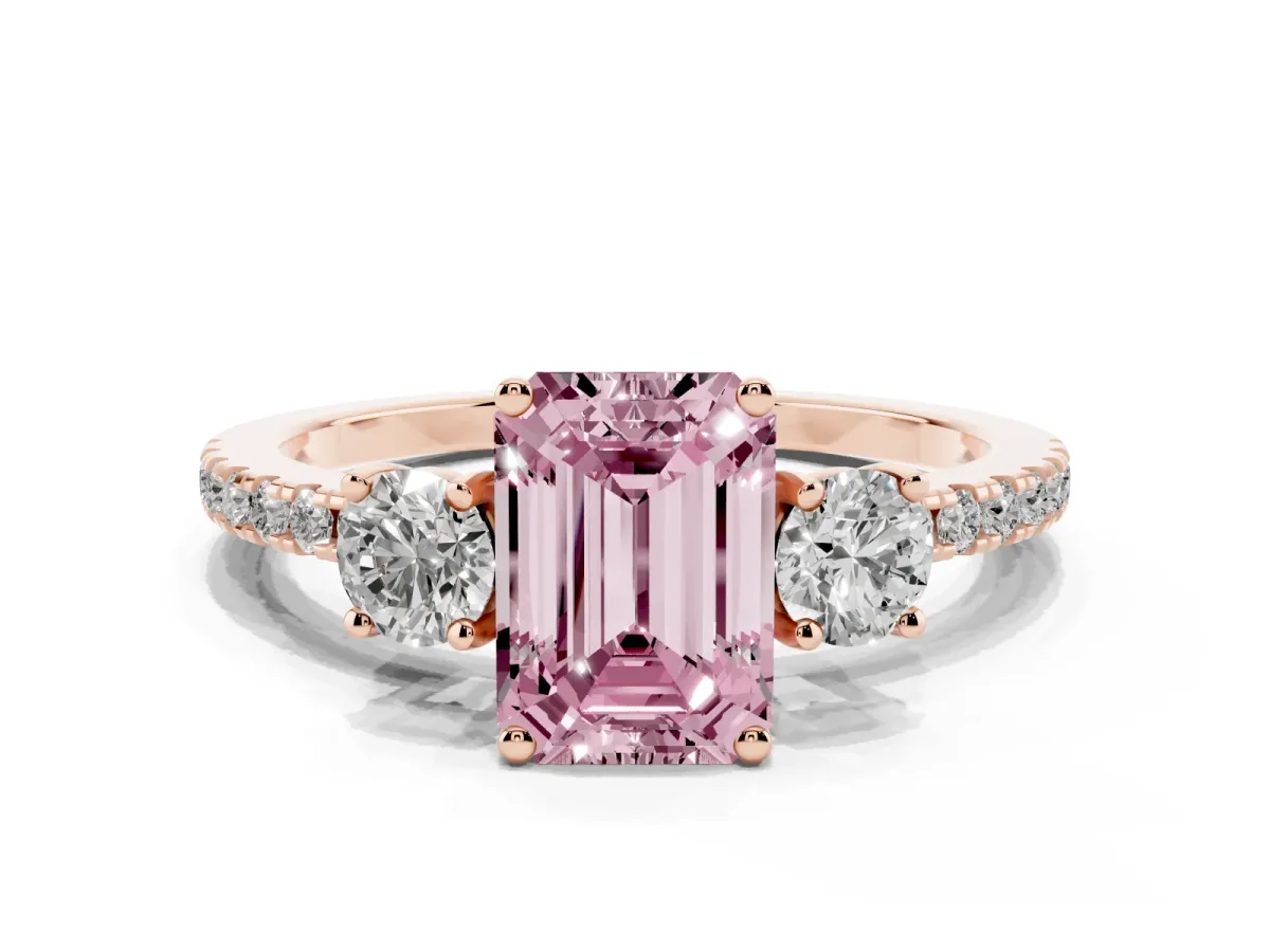 Fancy Pink Three-Stone Emerald Cut Cut Diamond Pavé Band with Prong Setting Rose gold