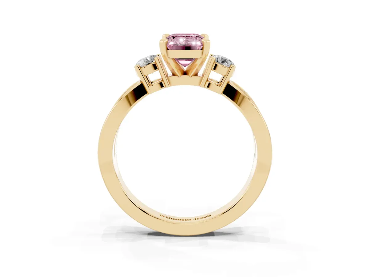 Fancy Pink Three-Stone Emerald Cut Cut Diamond Twist Band with Prong Setting Yellow gold