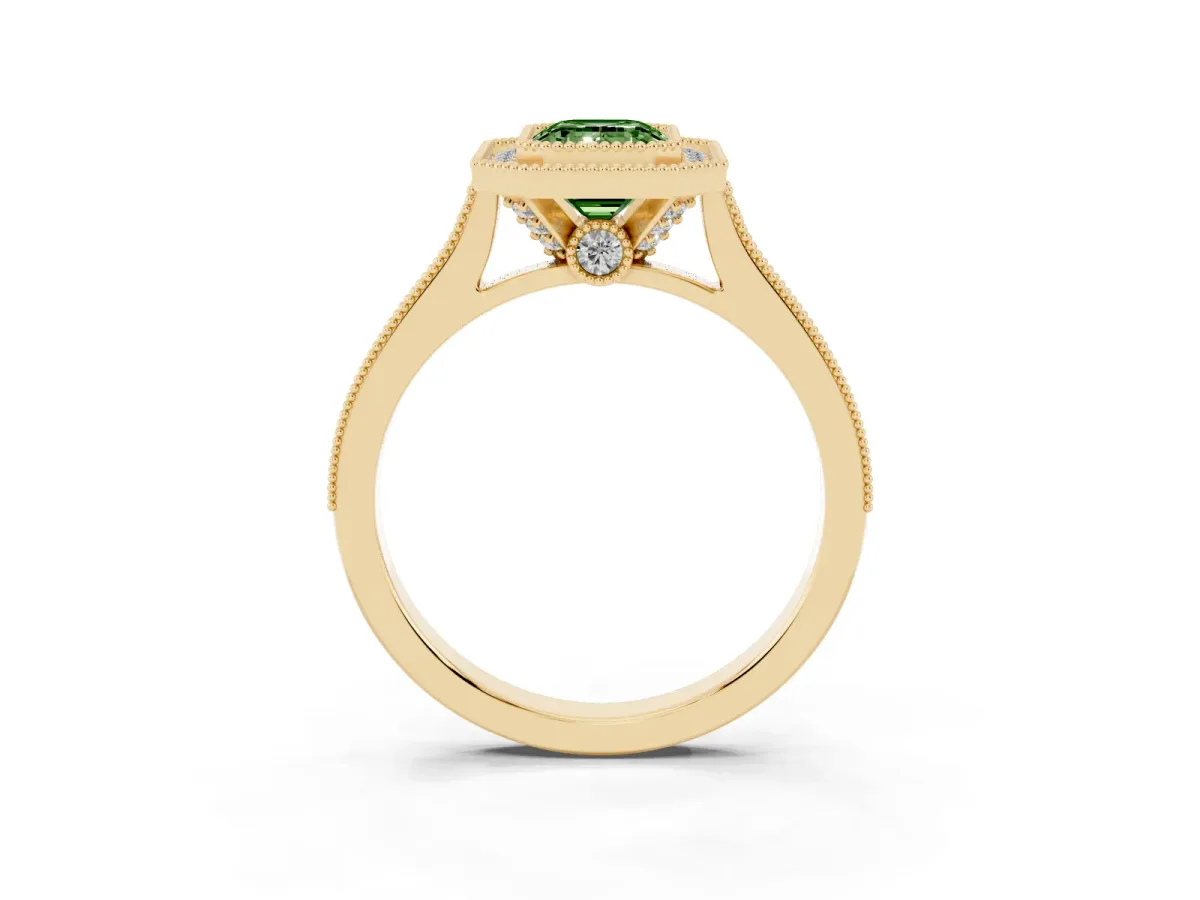 Fancy Green Halo Emerald Cut-Cut Diamond Pave Band Milgrain Prong Setting Ring Yellow gold