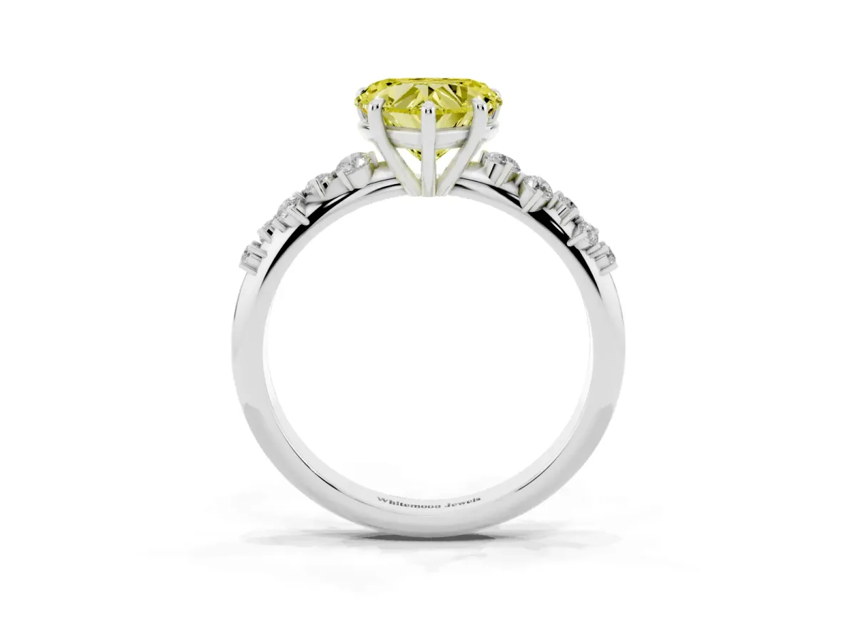 Fancy Yellow Heart Cut Diamond Cluster Side Stone Solitaire Ring with Prong Setting Silver