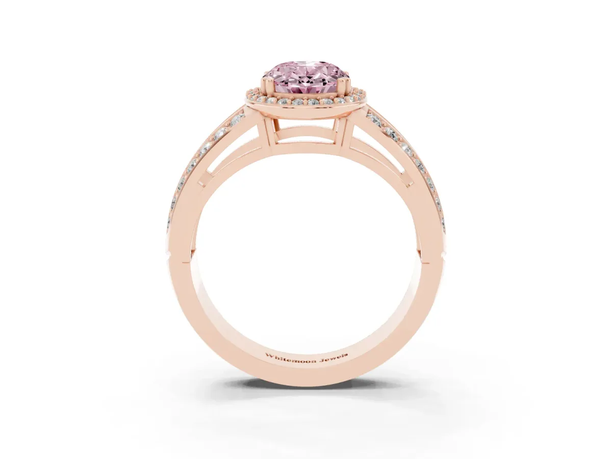 Fancy Pink Oval Cut Diamond Halo Ring with Split Shank Pavé Band and Four-Prong Setting Rose gold