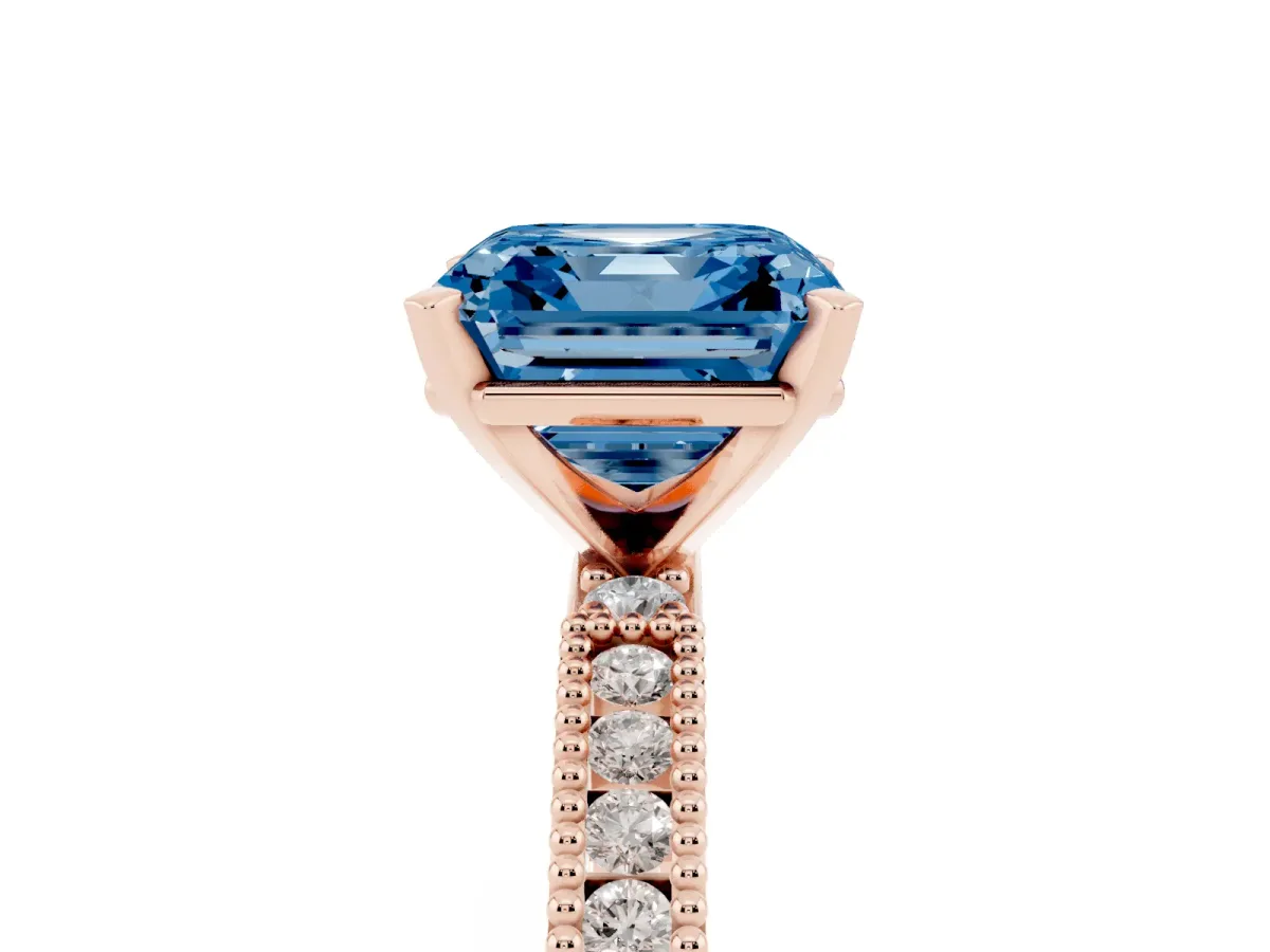 Fancy Blue Asscher Cut Solitaire with Pavé Band and Four-Prong Setting Rose gold