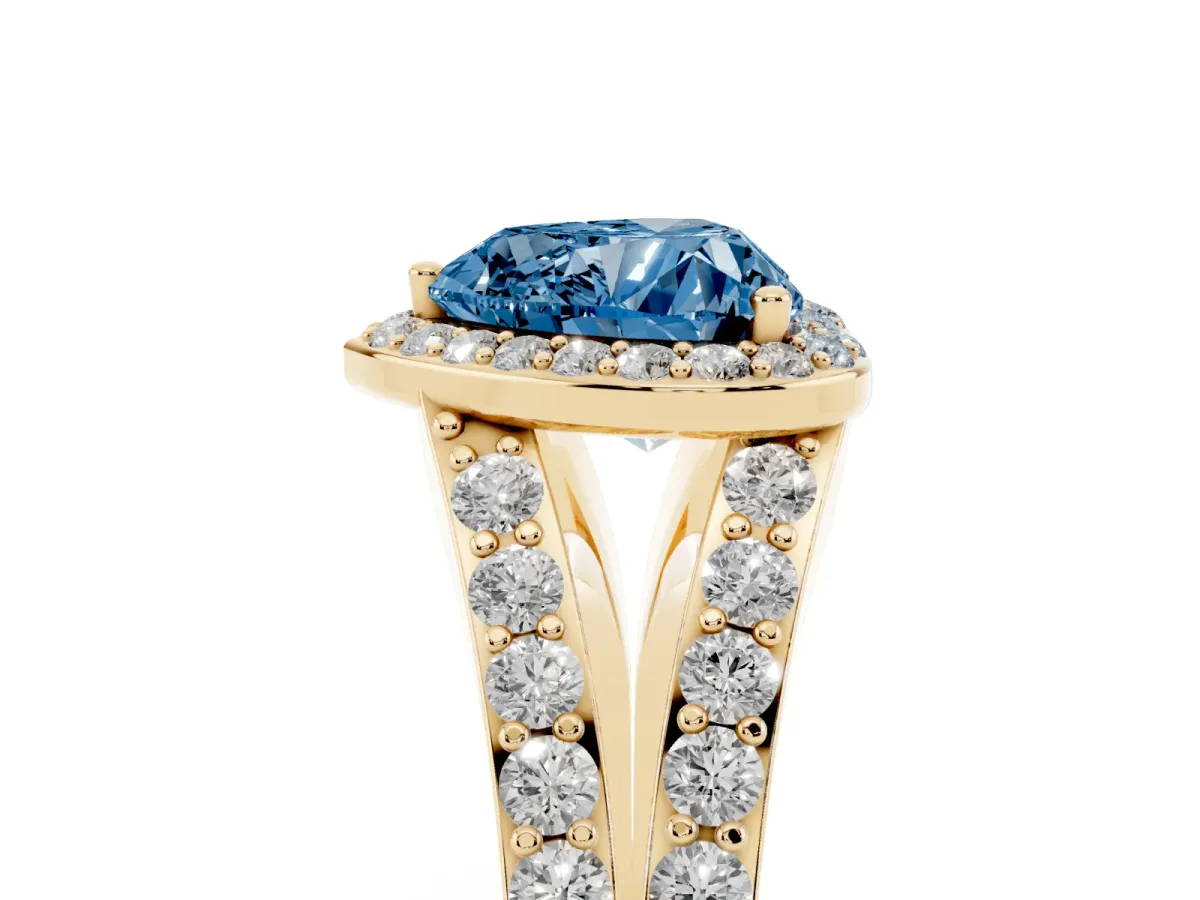 Fancy Blue Heart Cut Diamond Split Shank Halo Ring with Four-Prong Setting Yellow gold