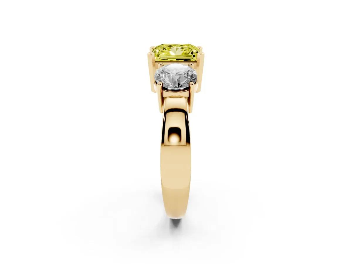 Fancy Yellow Three-Stone Princess Cut Diamond Ring with Round Side Stones, Classic Band, and Four-Prong Setting Yellow gold