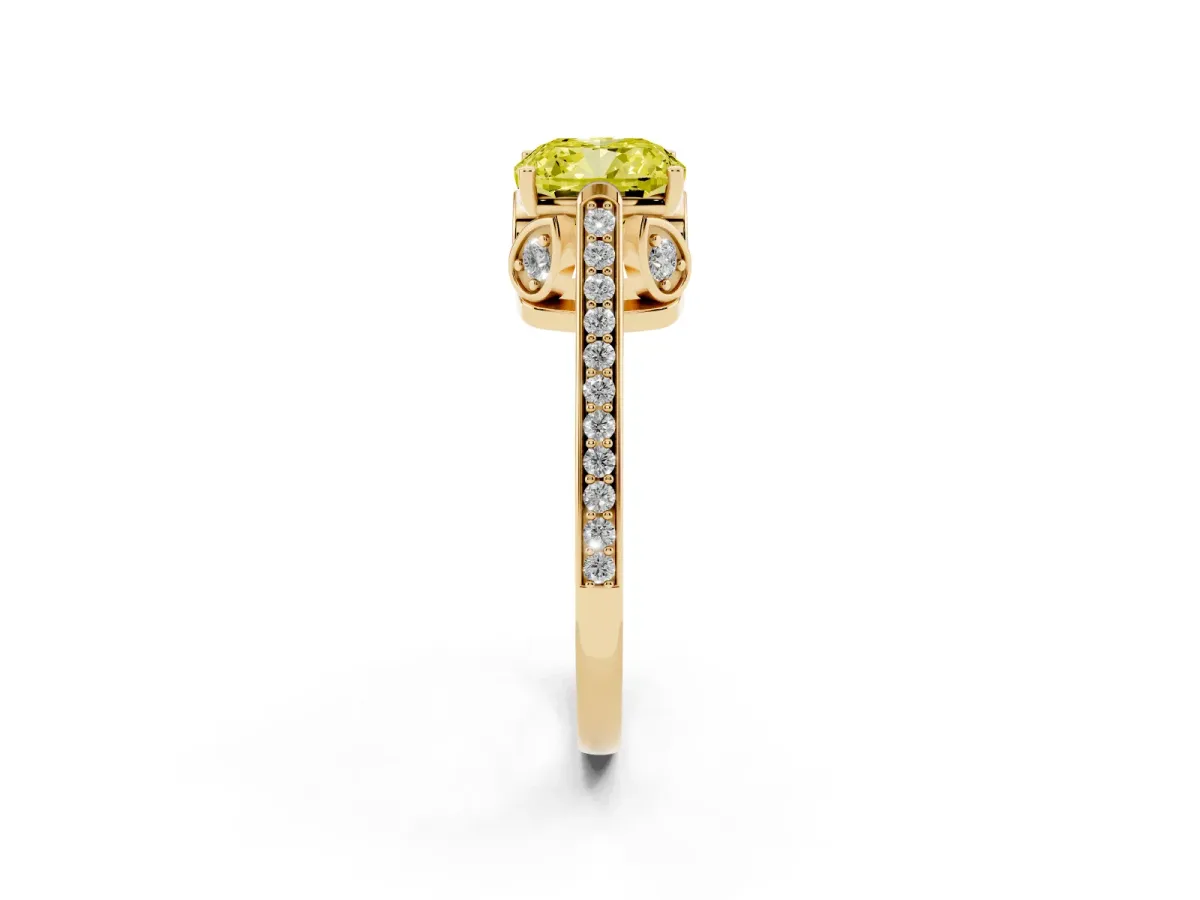 Fancy Yellow Cushion Cut Cut Cathedral Pave Diamond Engagement Ring with Six-Prong Setting Yellow gold