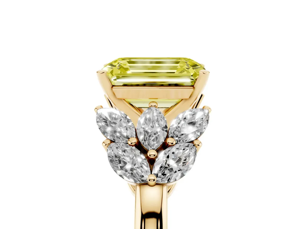Fancy Yellow Emerald Cut Diamond Cluster Leaf Design Ring with Prong Setting Yellow gold
