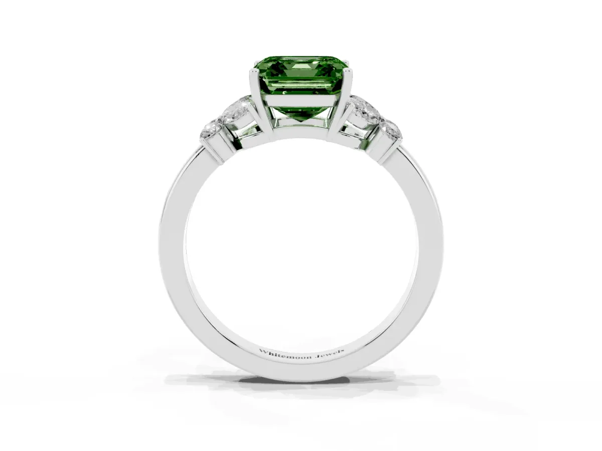 Fancy Green Asscher Cut Cut Solitaire Floral Diamond Ring with Four-Prong Setting Silver