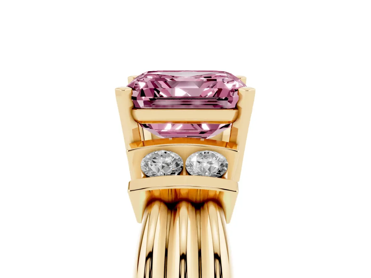 Fancy Pink Asscher Cut Cut Three-Stone Channel Set Ring with Bar Prongs Yellow gold
