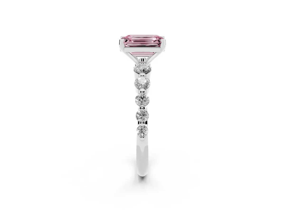 Fancy Pink Emerald Cut Solitaire Diamond Ring with Pave Band and Four-Prong Setting Platinum