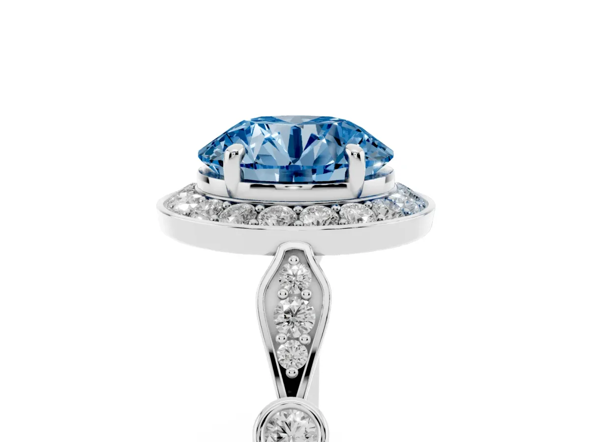 Fancy Blue Round Cut Halo Diamond Engagement Ring with Twisted Band and Four-Prong Setting Silver