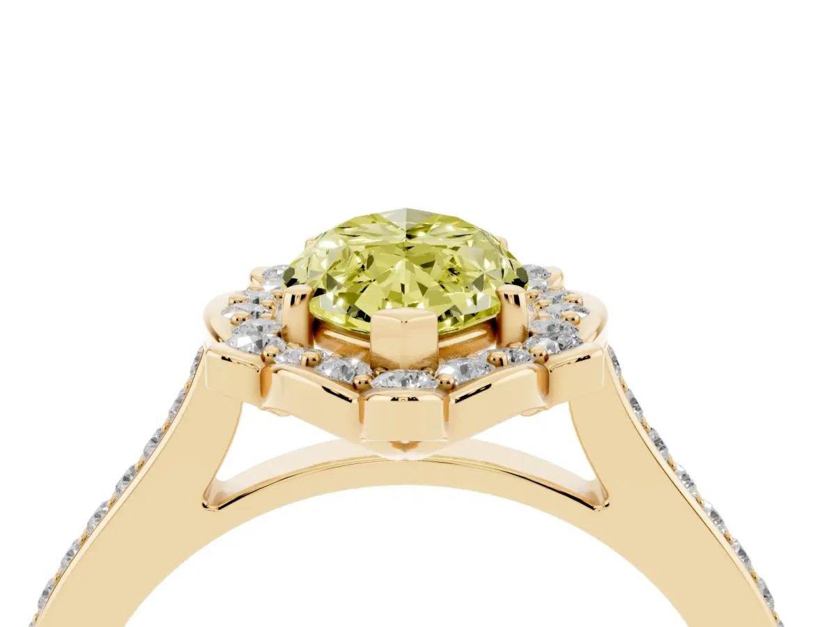 Fancy Yellow Marquise Cut Halo Round Diamond Pave Band with Four-Prong Setting Yellow gold