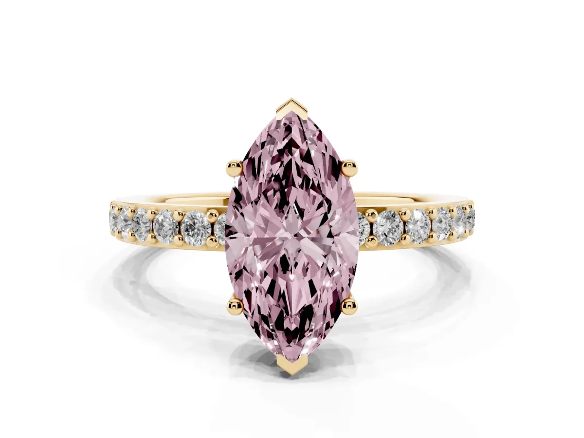 Fancy Pink Marquise Cut Cut Diamond Solitaire with Pave Band and Four-Prong Setting Yellow gold