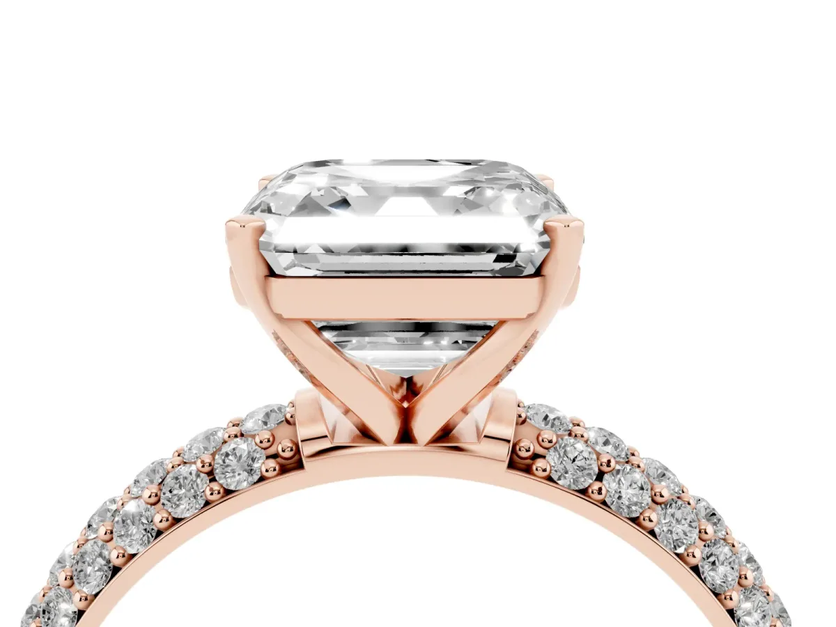 Asscher Cut Diamond Solitaire Ring with Prong Setting and Pavé Band Rose gold