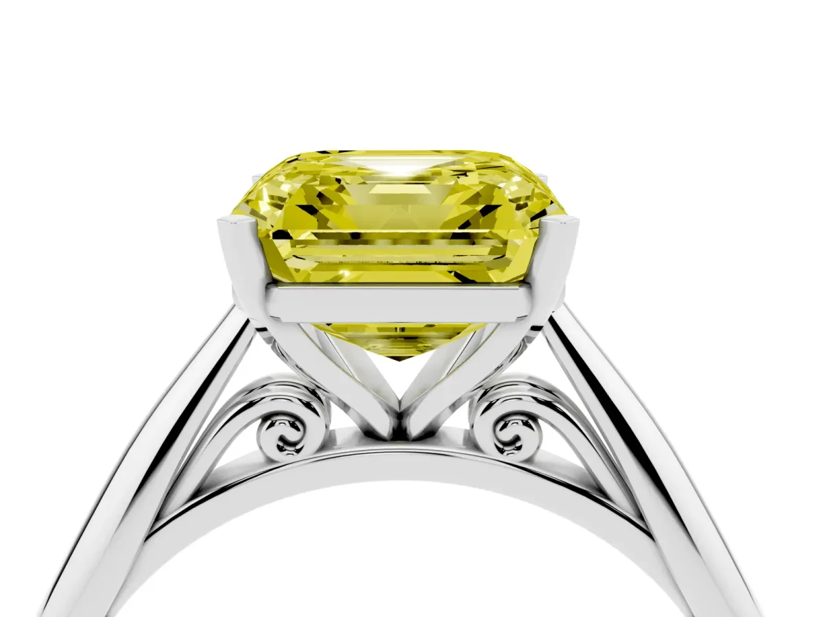 Fancy Yellow Asscher Cut Diamond Solitaire Engagement Ring with Cathedral Setting and Four-Prong Mount White gold