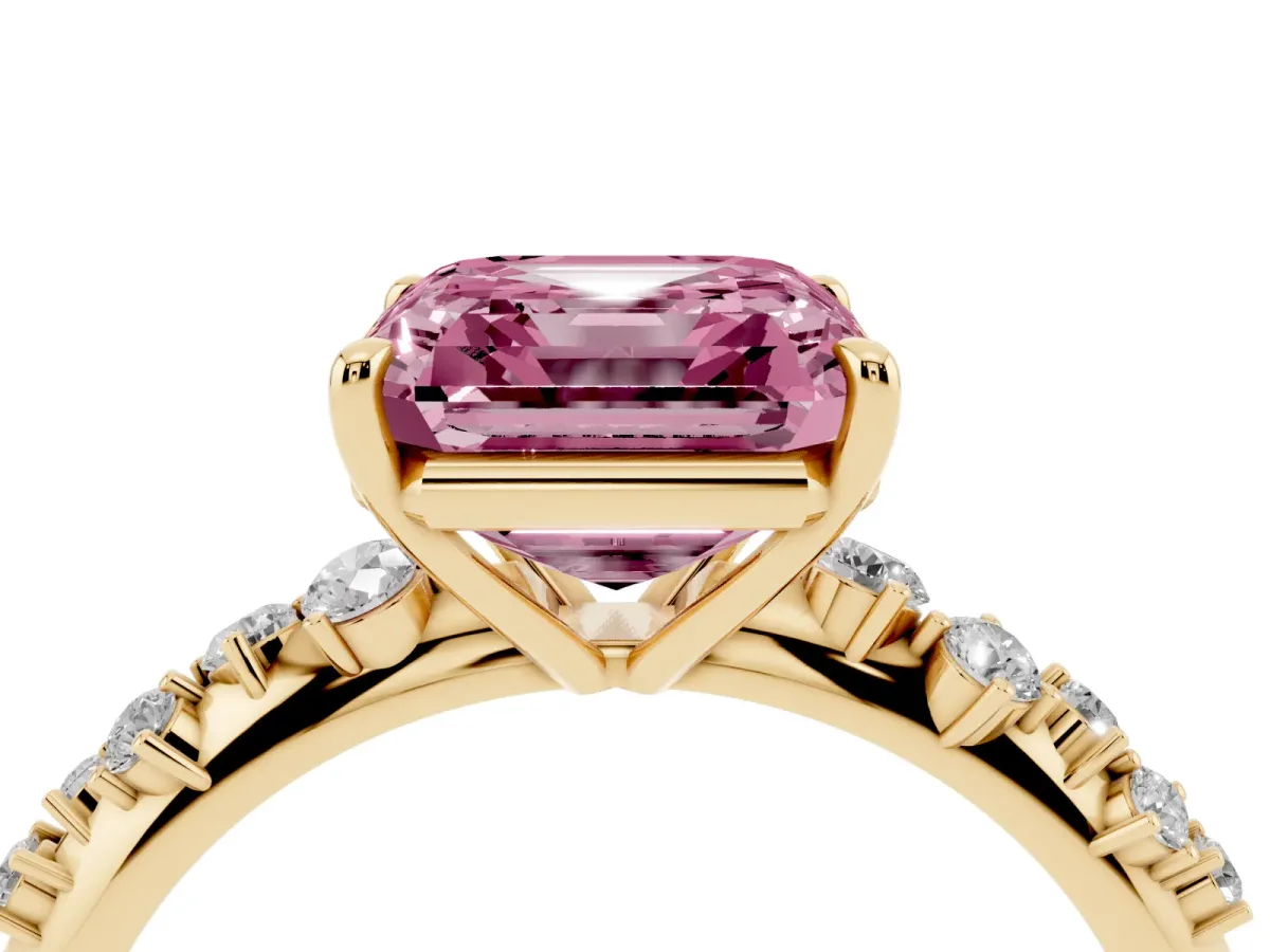 Fancy Pink Asscher Cut Diamond Cluster Side Stone Solitaire Ring with Prong Setting Yellow gold