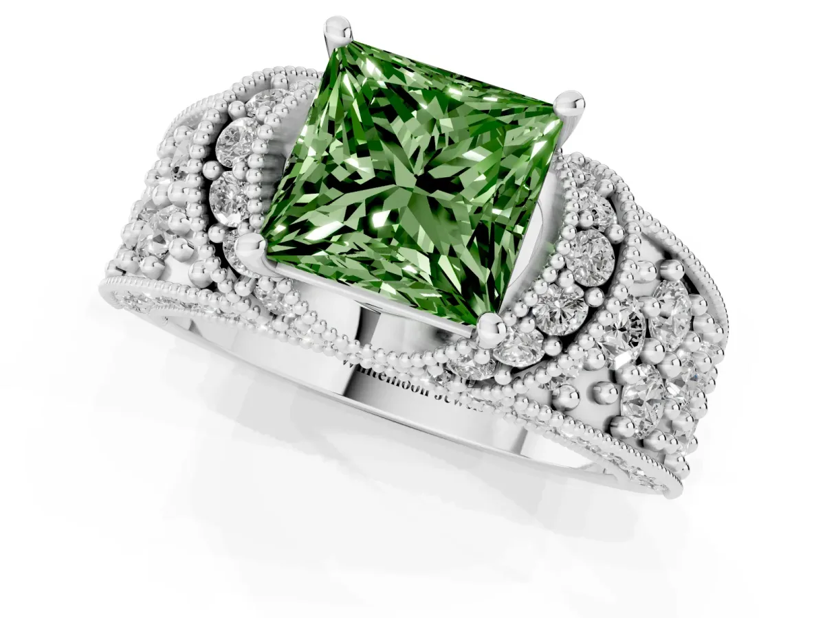 Fancy Green Princess Cut Halo Pave Diamond Engagement Ring with Milgrain Detailing White gold
