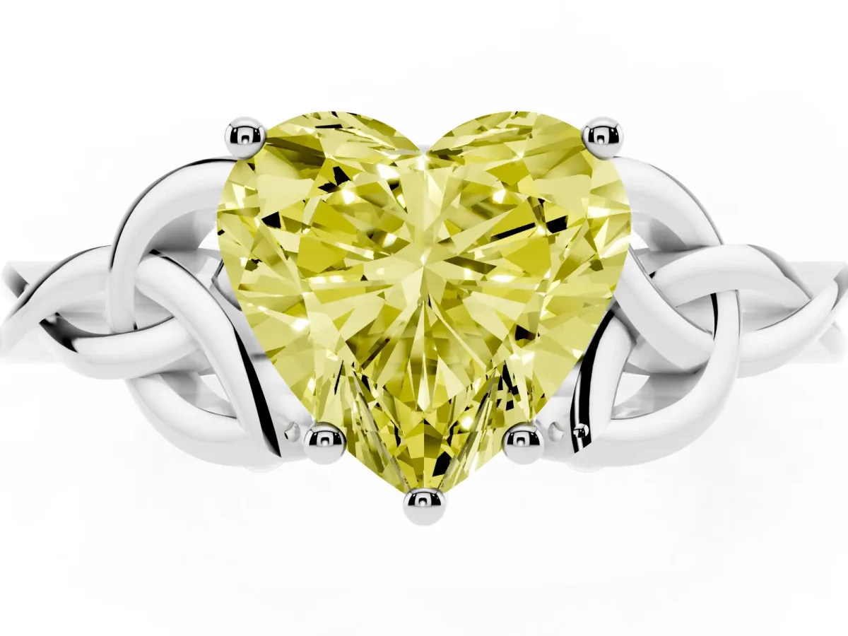 Fancy Yellow Heart Cut Diamond Solitaire Engagement Ring with Celtic Knot Band and Four-Prong Setting White gold