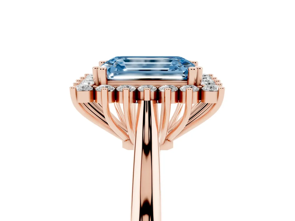 Fancy Blue Emerald Cut Cut Diamond Halo Ring with Solitaire Band and Prong Setting Rose gold