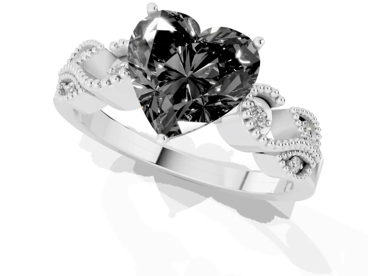 Fancy Black Heart Cut Solitaire Milgrain Leaf Band with Prong Setting Silver