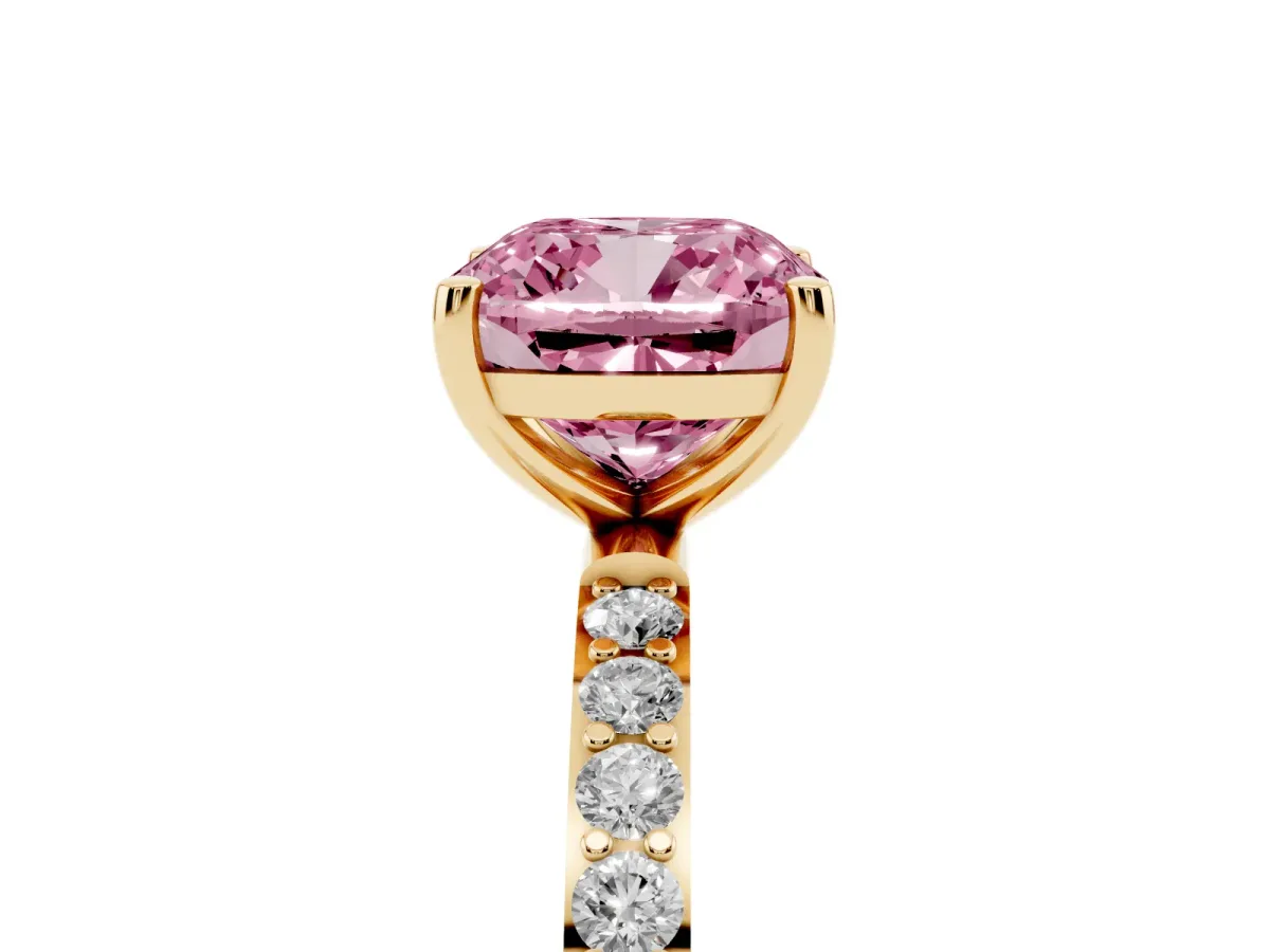 Fancy Pink Cushion Cut Diamond Solitaire Ring with Round Pavé Shoulders and Prong Setting Yellow gold