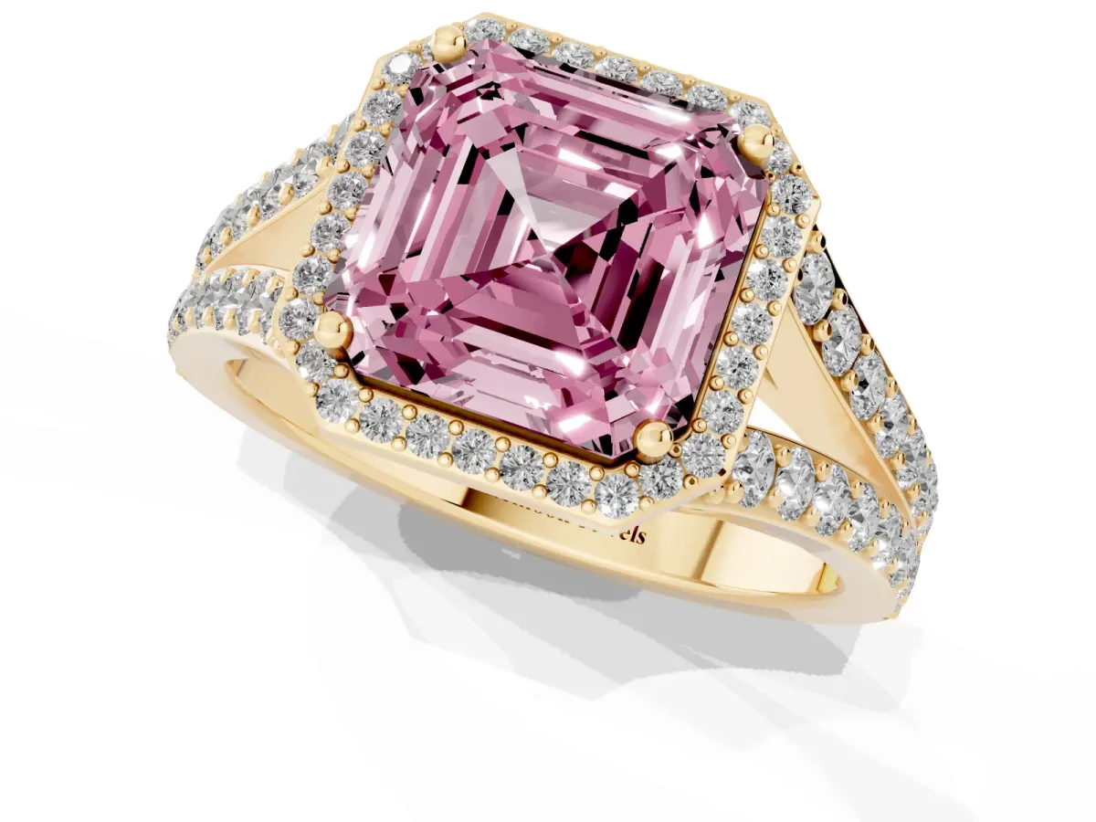 Fancy Pink Asscher Cut Diamond Split Shank Halo Ring with Four-Prong Setting Yellow gold