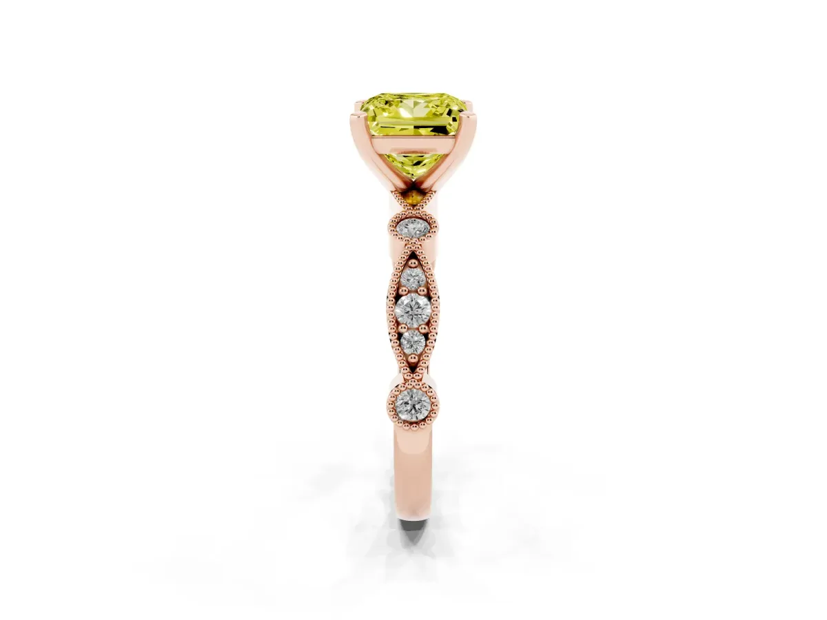 Fancy Yellow Princess Cut Milgrain Bezel Diamond Engagement Ring with Solitaire Prong Setting Rose gold