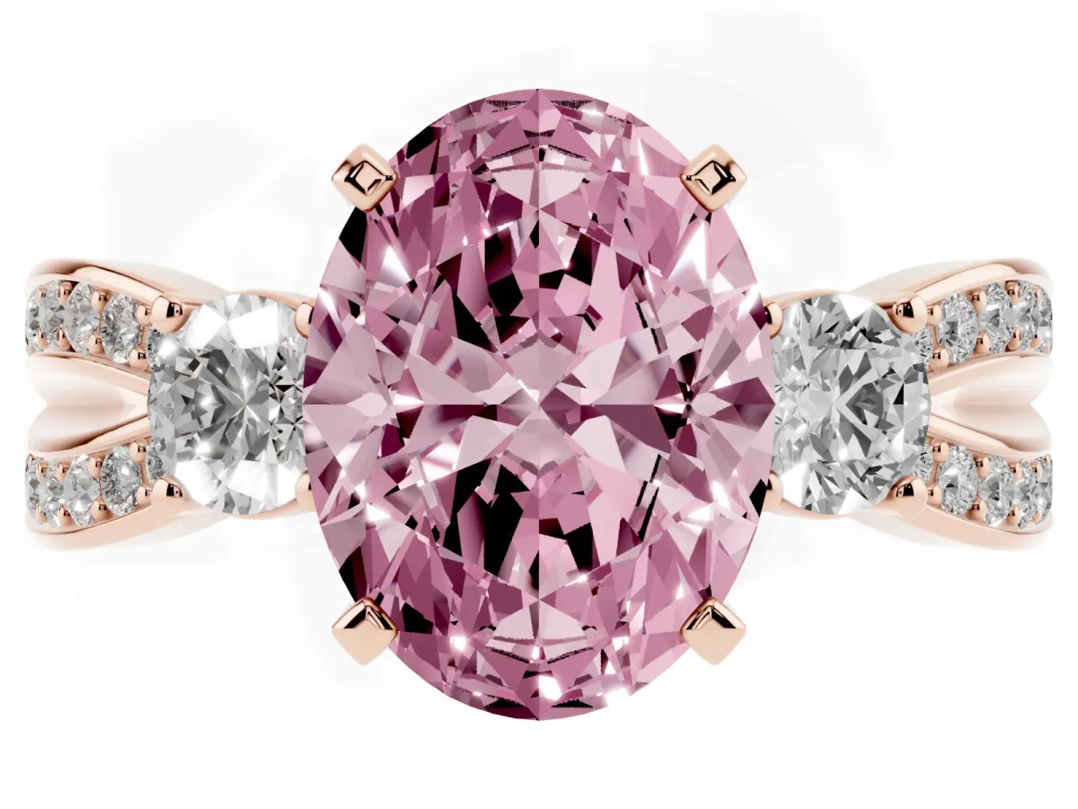 Fancy Pink Three-Stone Oval Cut Cut Diamond Twist Band with Prong Setting Rose gold