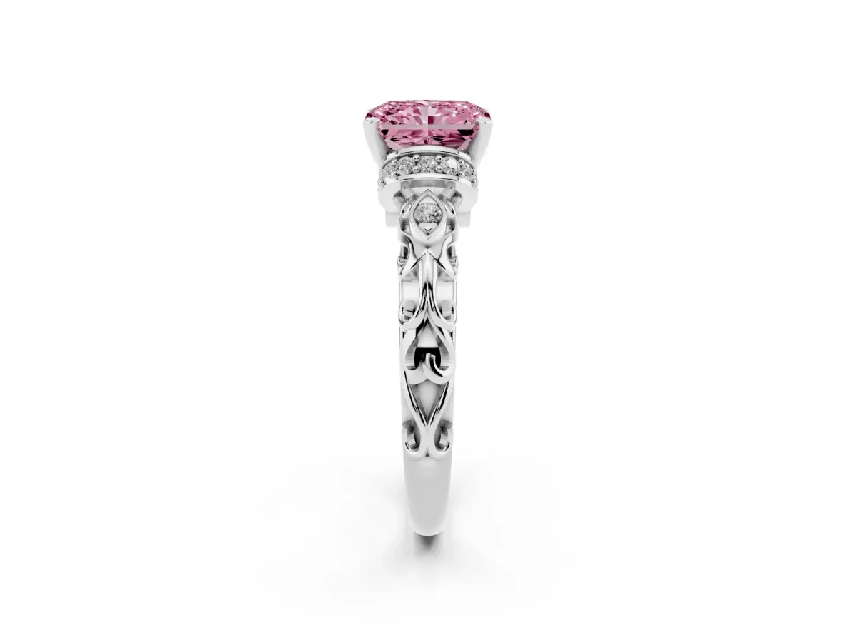 Fancy Pink Radiant Cut Diamond Solitaire Ring with Filigree Band and Four-Prong Setting Silver