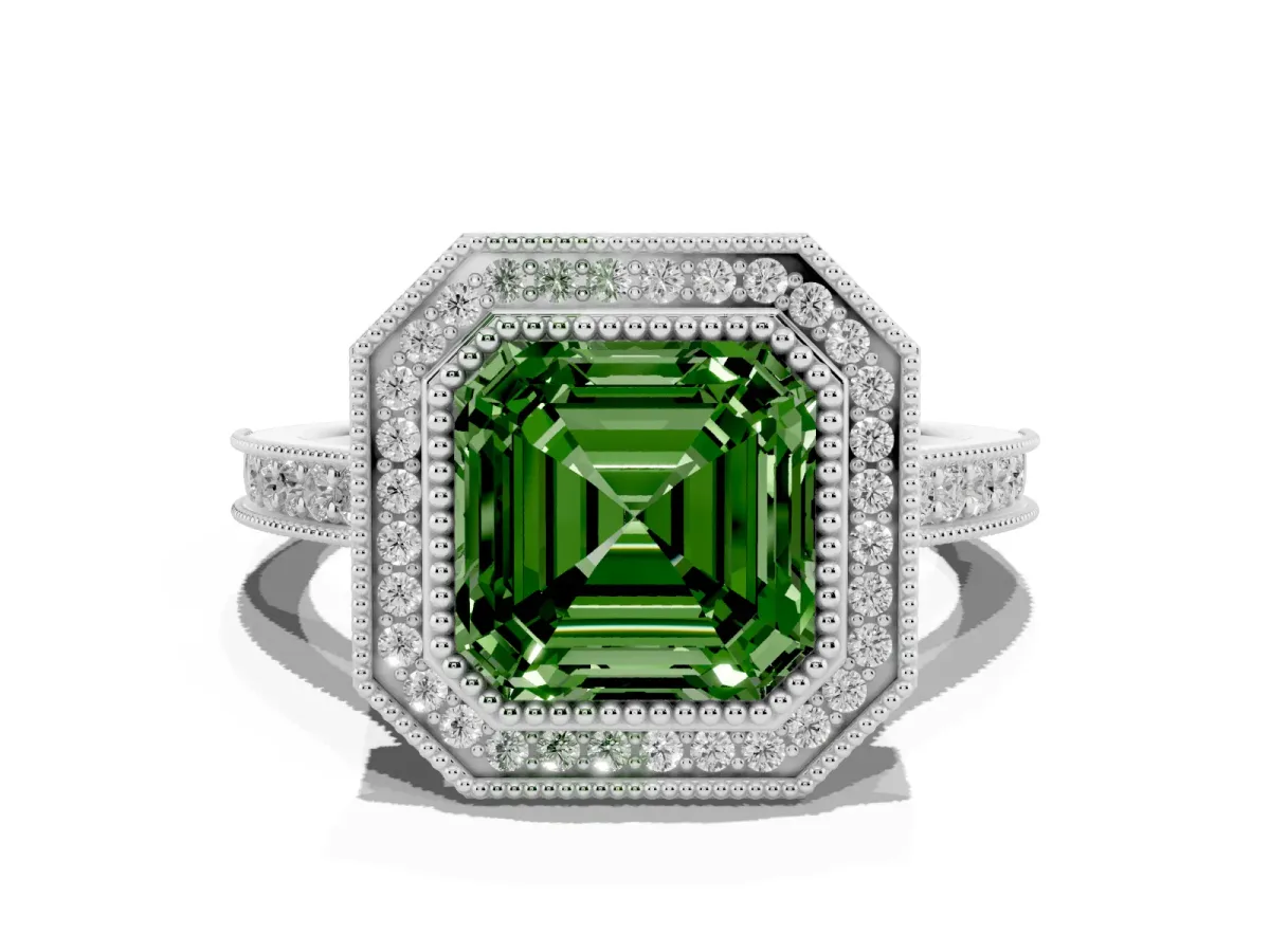Fancy Green Halo Asscher Cut-Cut Diamond Pave Band Milgrain Prong Setting Ring Platinum