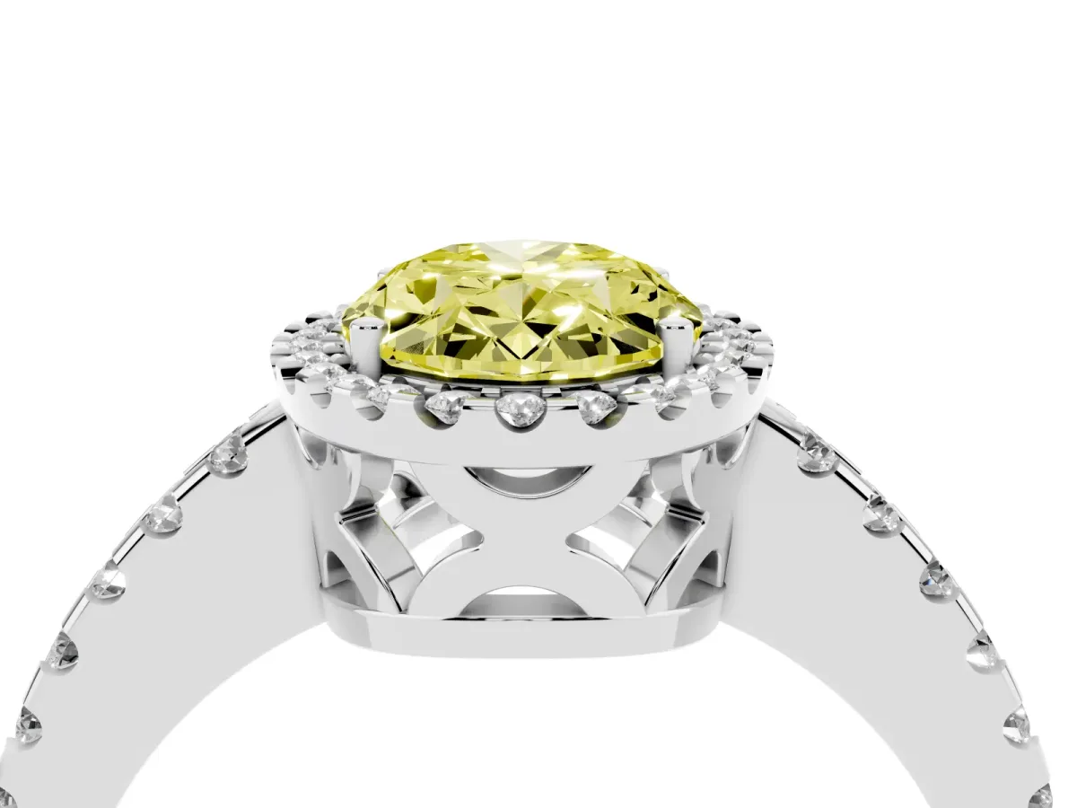 Fancy Yellow Oval Cut Diamond Halo Engagement Ring with Pavé Band and Prong Setting White gold