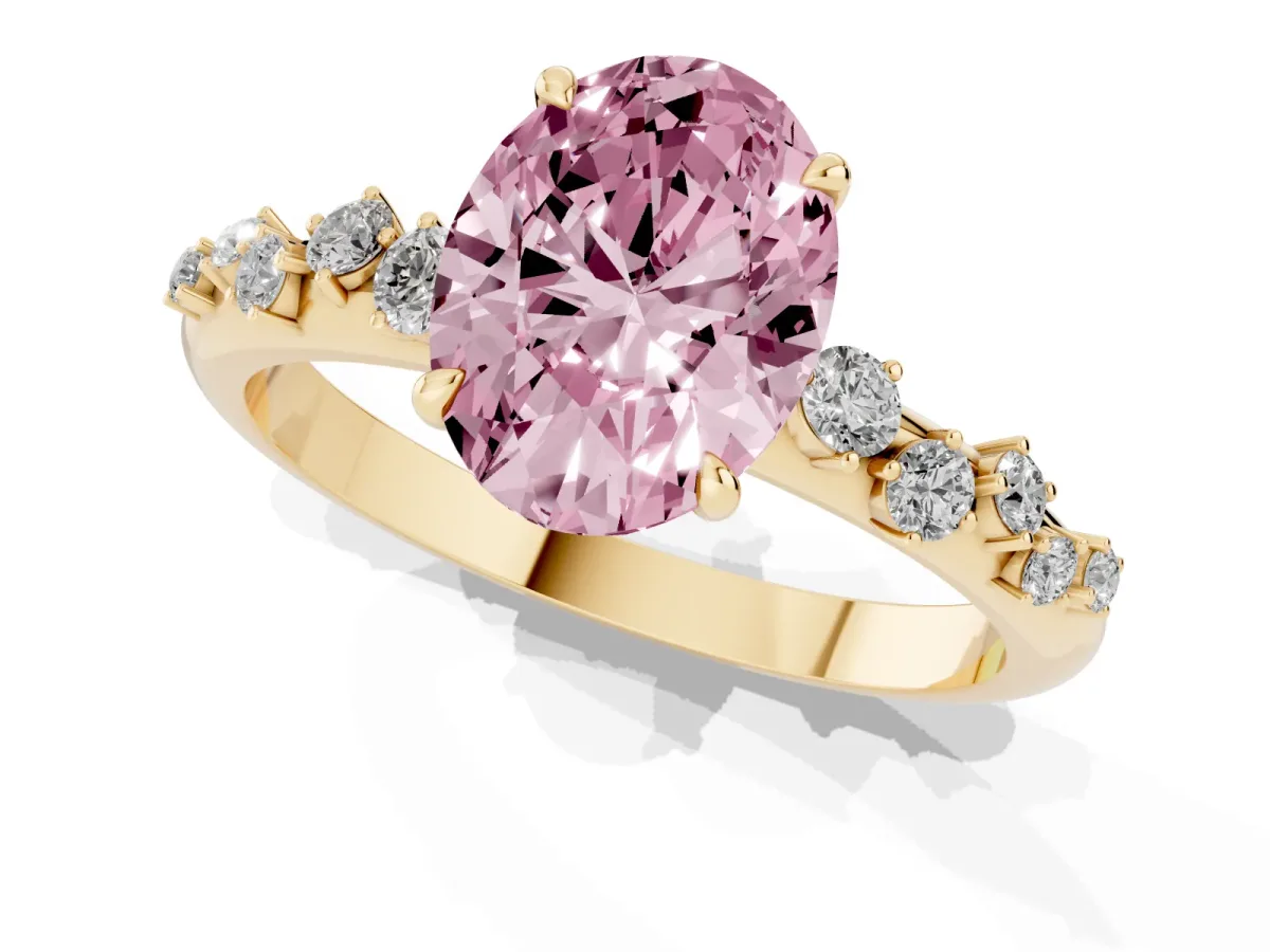 Fancy Pink Oval Cut Diamond Cluster Prong-Set Solitaire Ring Yellow gold